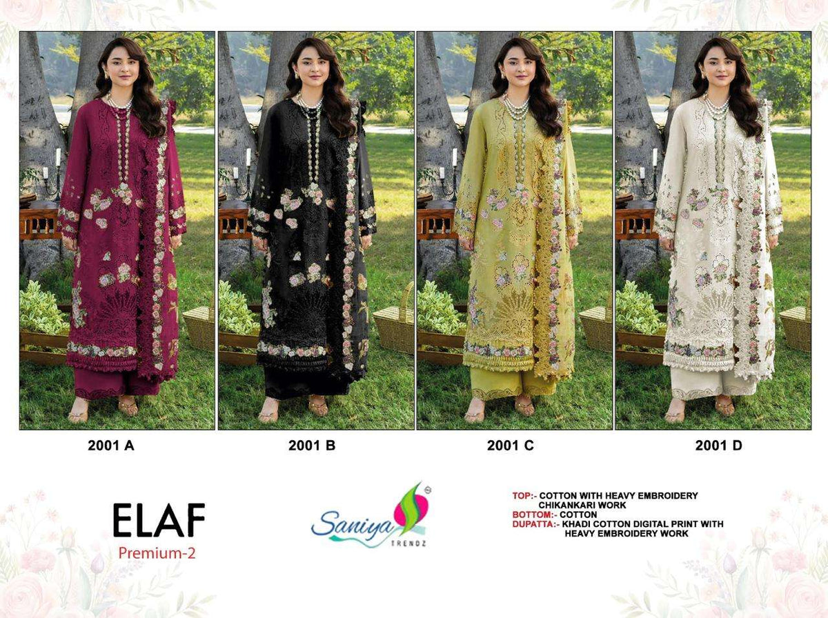 Saniya Trendz Elaf Premium Vol-2 Cotton Embroidery Pakistani Suit - Amrah Wholesale