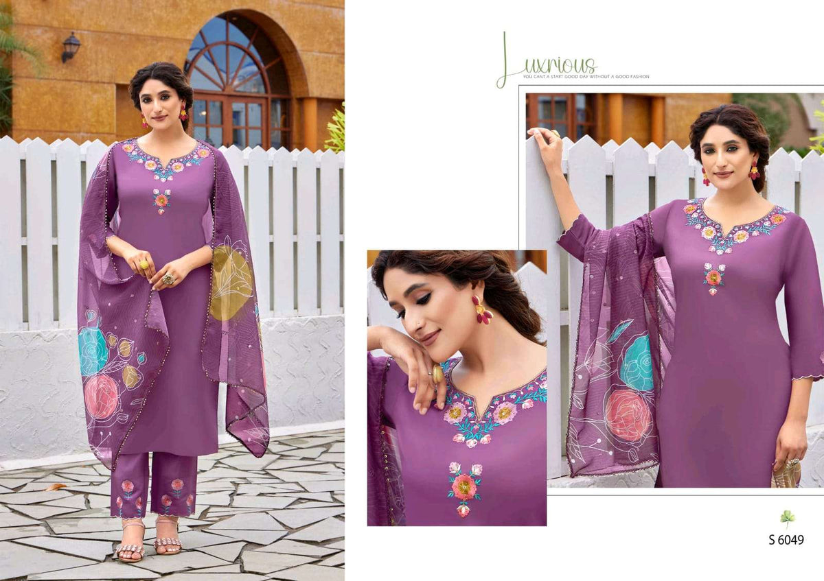 SBS Fashion Pranati 6046–6049 Zara Silk Embroidered Kurti Pant Dupatta Set Wholesale Surat - Amrah Wholesale