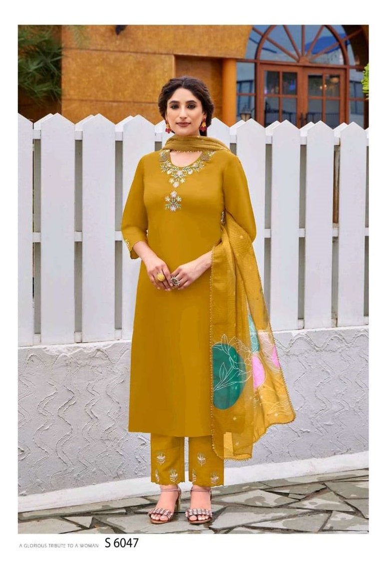 SBS Fashion Pranati 6046–6049 Zara Silk Embroidered Kurti Pant Dupatta Set Wholesale Surat - Amrah Wholesale