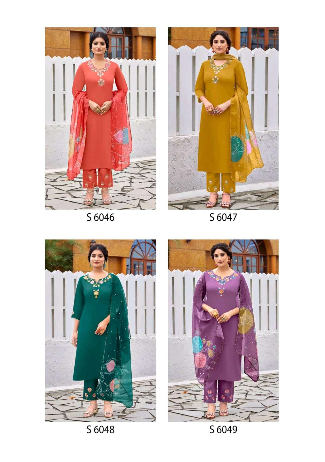 SBS Fashion Pranati 6046–6049 Zara Silk Embroidered Kurti Pant Dupatta Set Wholesale Surat - Amrah Wholesale