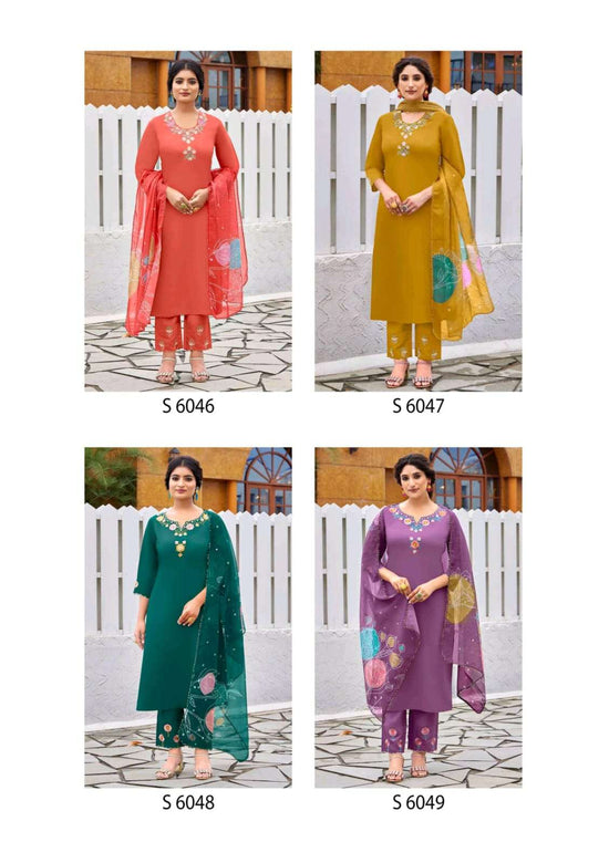 SBS Fashion Pranati 6046–6049 Zara Silk Embroidered Kurti Pant Dupatta Set Wholesale Surat