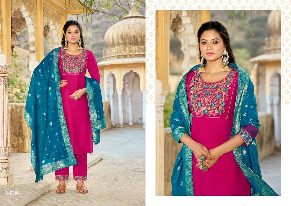 SBS Sudiksha Roman Silk Kurti Pant Dupatta Set Wholesale Catalogue - Amrah Wholesale