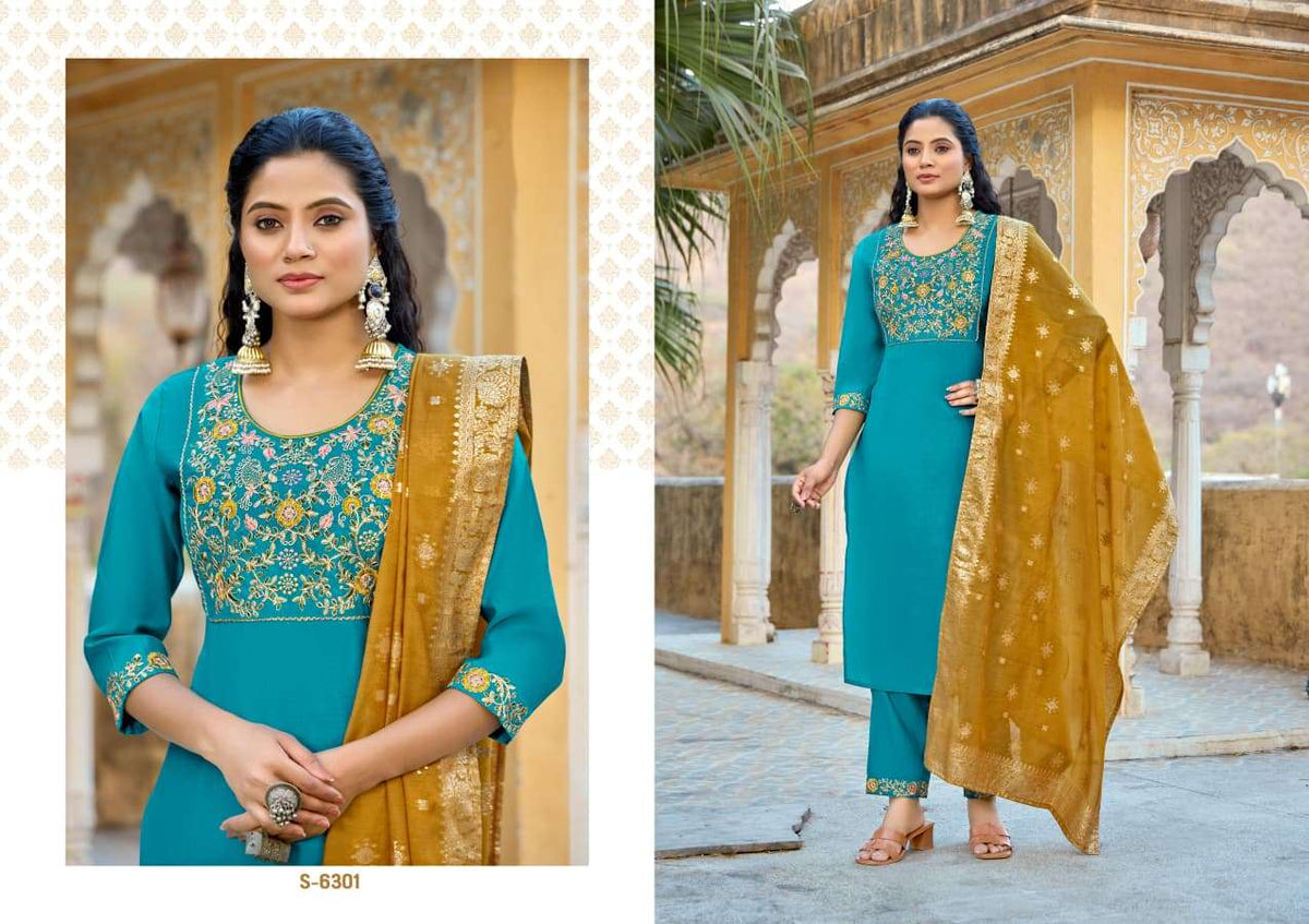 SBS Sudiksha Roman Silk Kurti Pant Dupatta Set Wholesale Catalogue - Amrah Wholesale