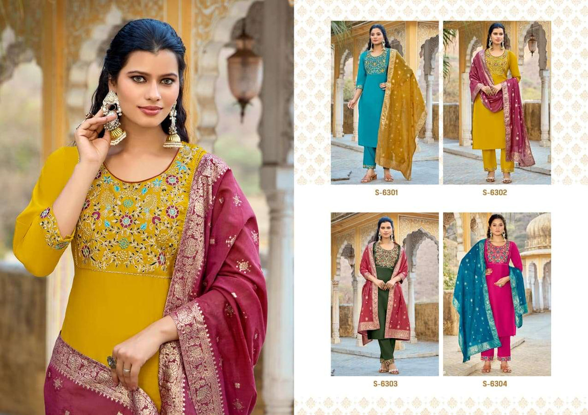 SBS Sudiksha Roman Silk Kurti Pant Dupatta Set Wholesale Catalogue - Amrah Wholesale
