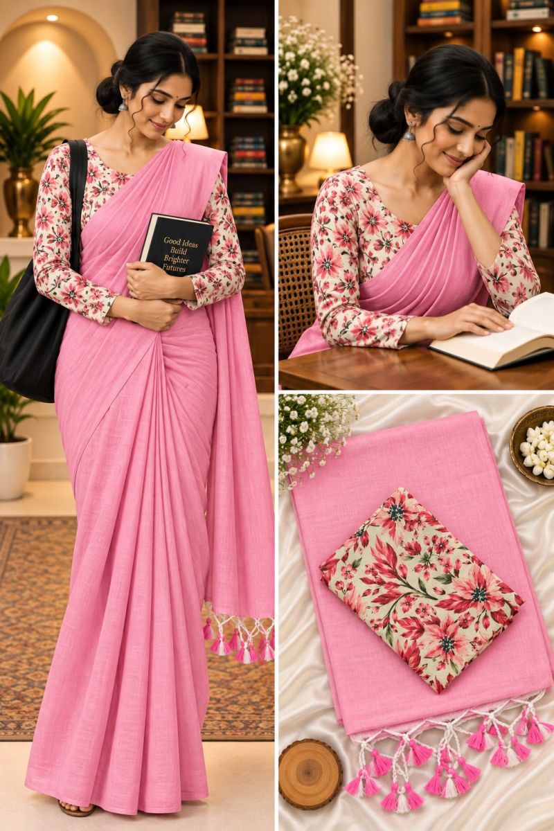 Sccf Office A Khadi Cotton Printed Office Wear Saree Set