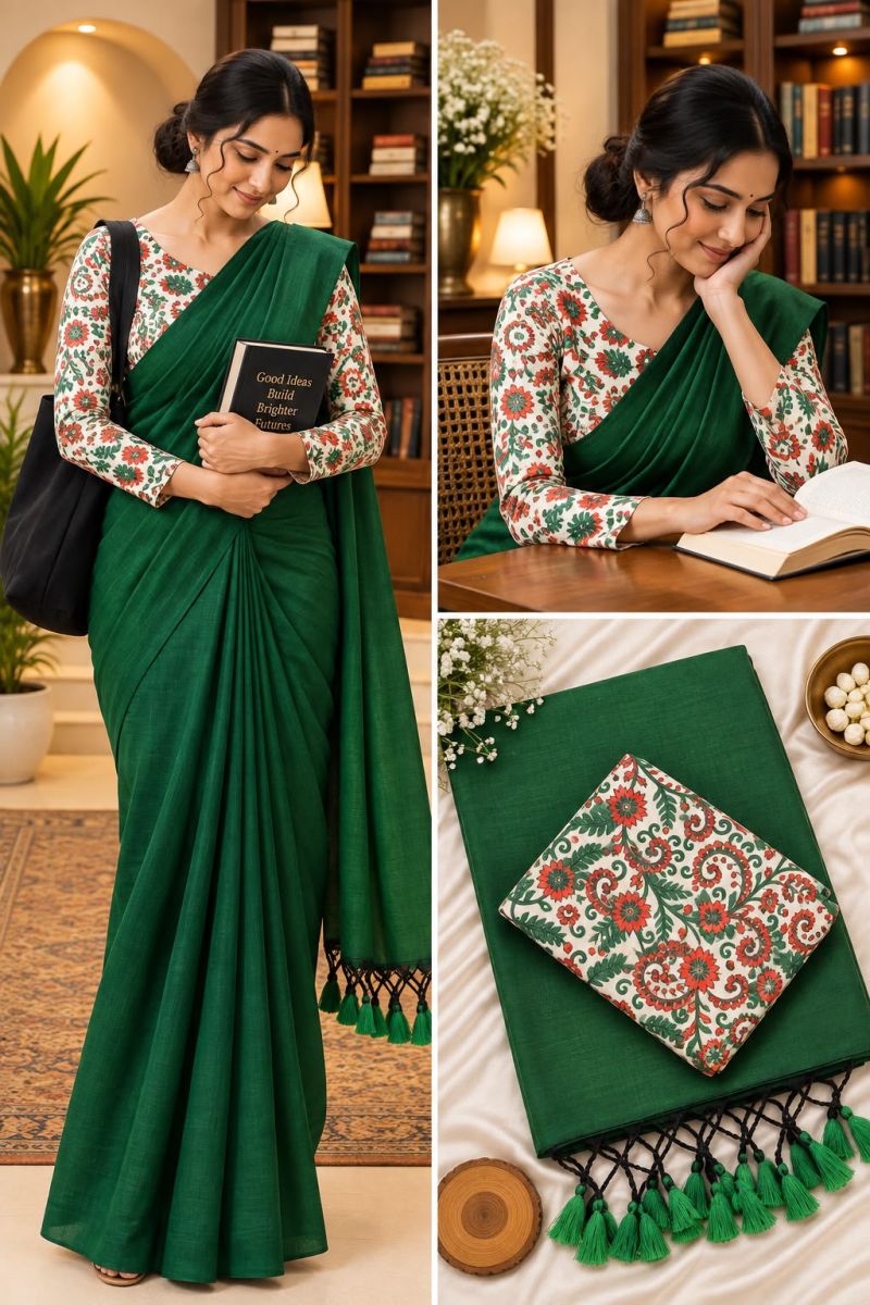 Sccf Office A Khadi Cotton Printed Office Wear Saree Set