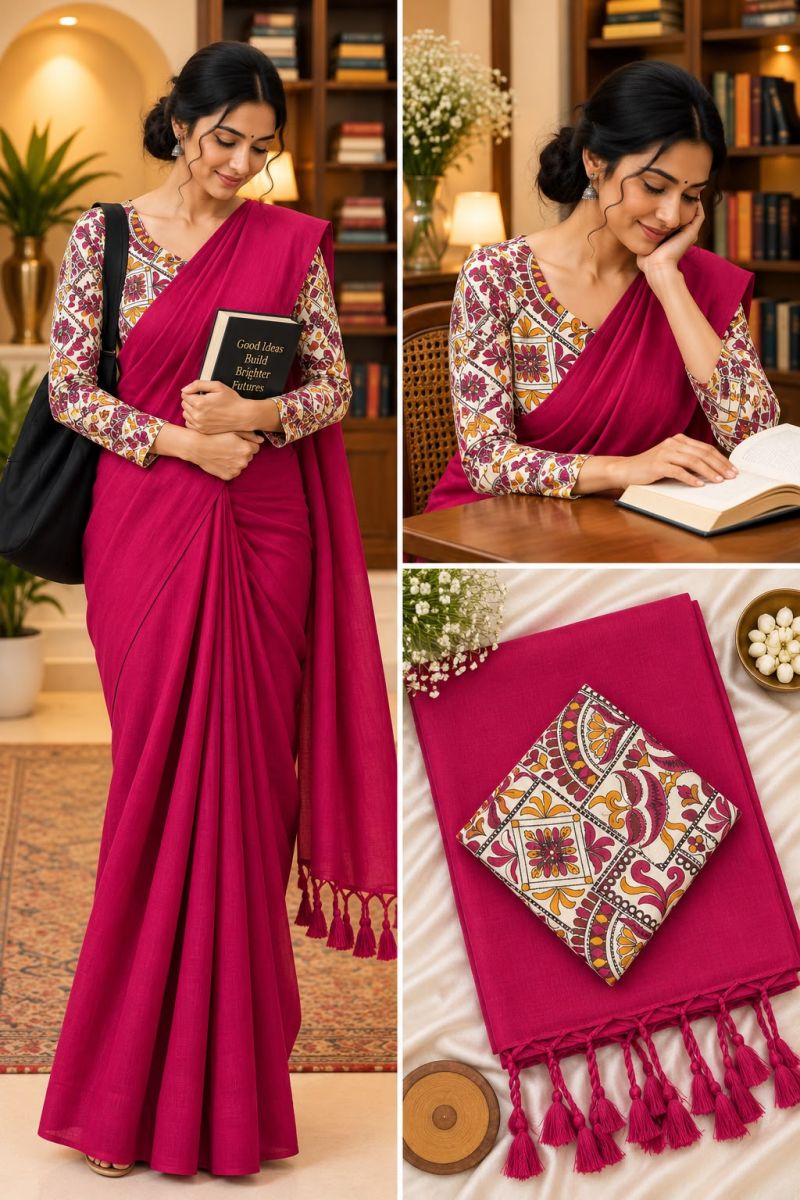 Sccf Office A Khadi Cotton Printed Office Wear Saree Set