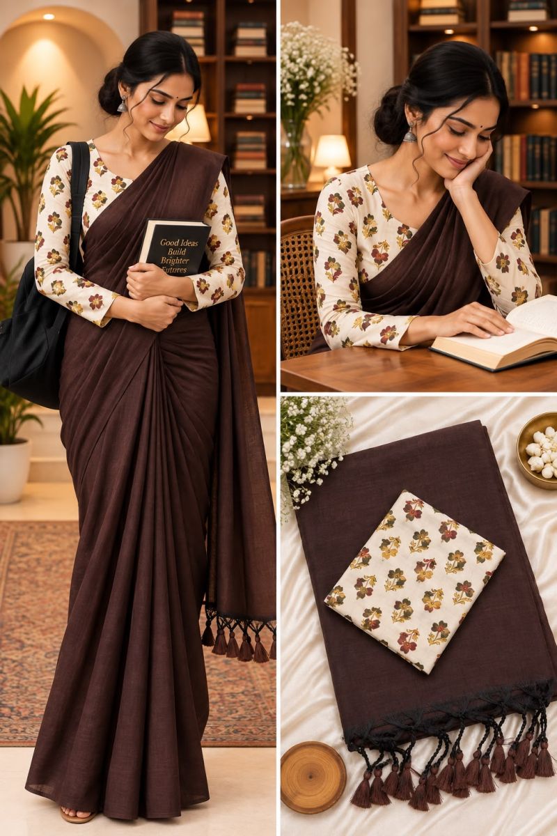 Sccf Office A Khadi Cotton Printed Office Wear Saree Set