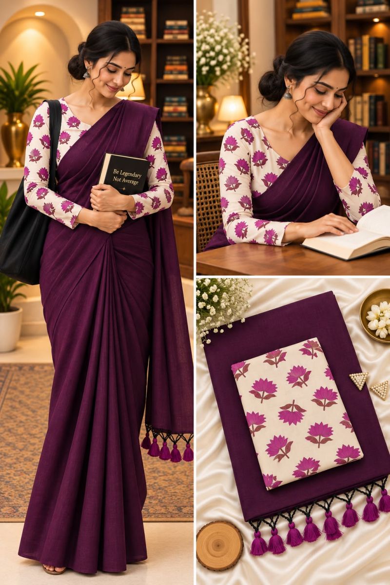 Sccf Office A Khadi Cotton Printed Office Wear Saree Set