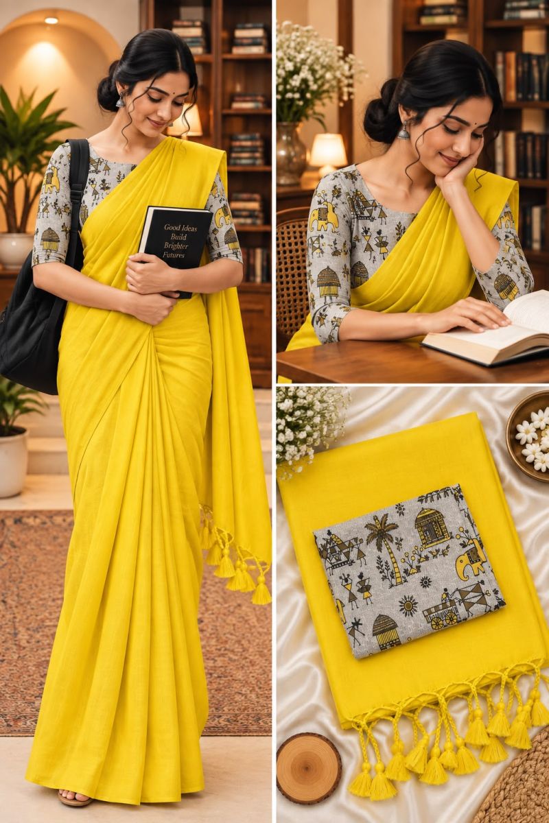 Sccf Office A Khadi Cotton Printed Office Wear Saree Set