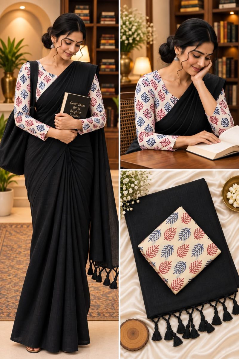 Sccf Office A Khadi Cotton Printed Office Wear Saree Set