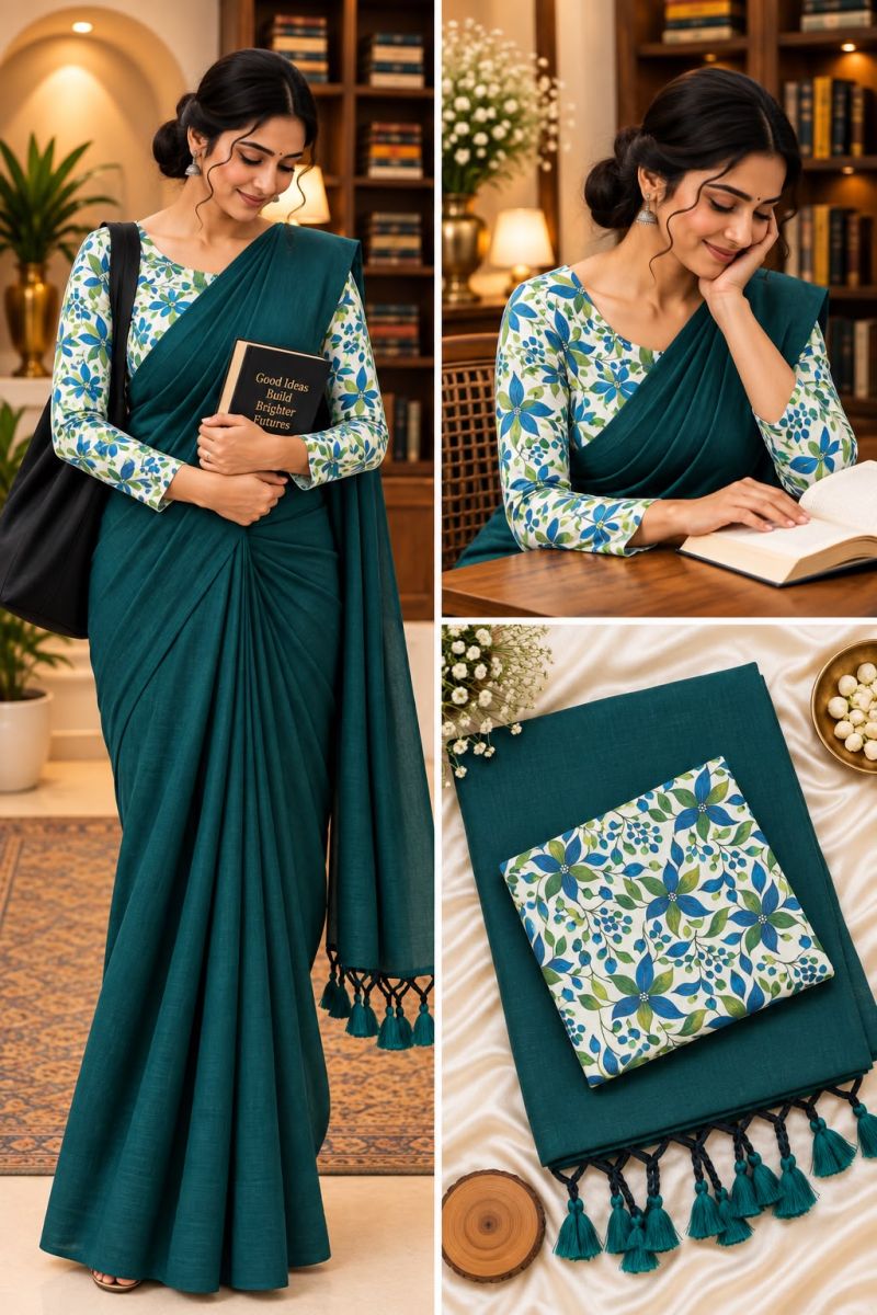 Sccf Office A Khadi Cotton Printed Office Wear Saree Set