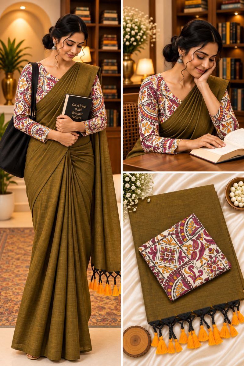 Sccf Office A Khadi Cotton Printed Office Wear Saree Set