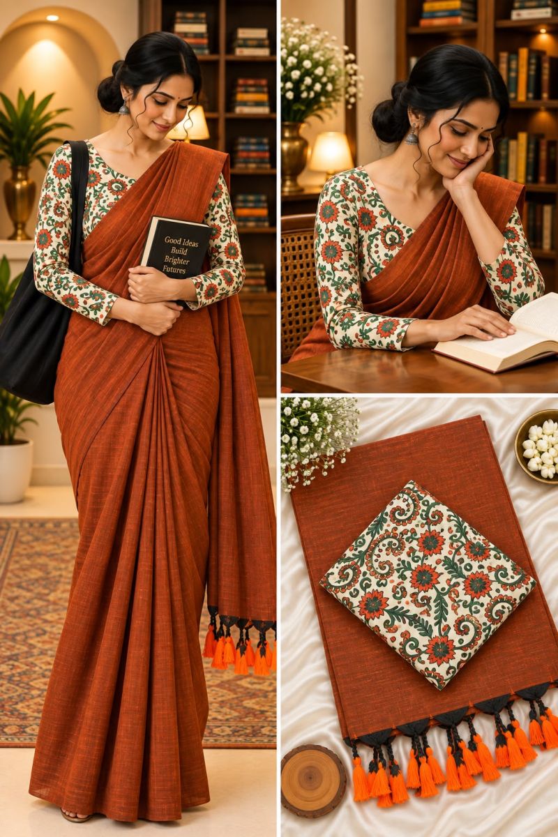 Sccf Office A Khadi Cotton Printed Office Wear Saree Set