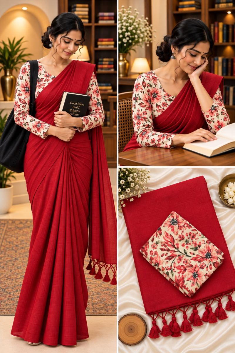 Sccf Office A Khadi Cotton Printed Office Wear Saree Set