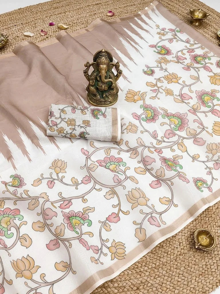 Scmg Flora E Linen Floral Woven Saree