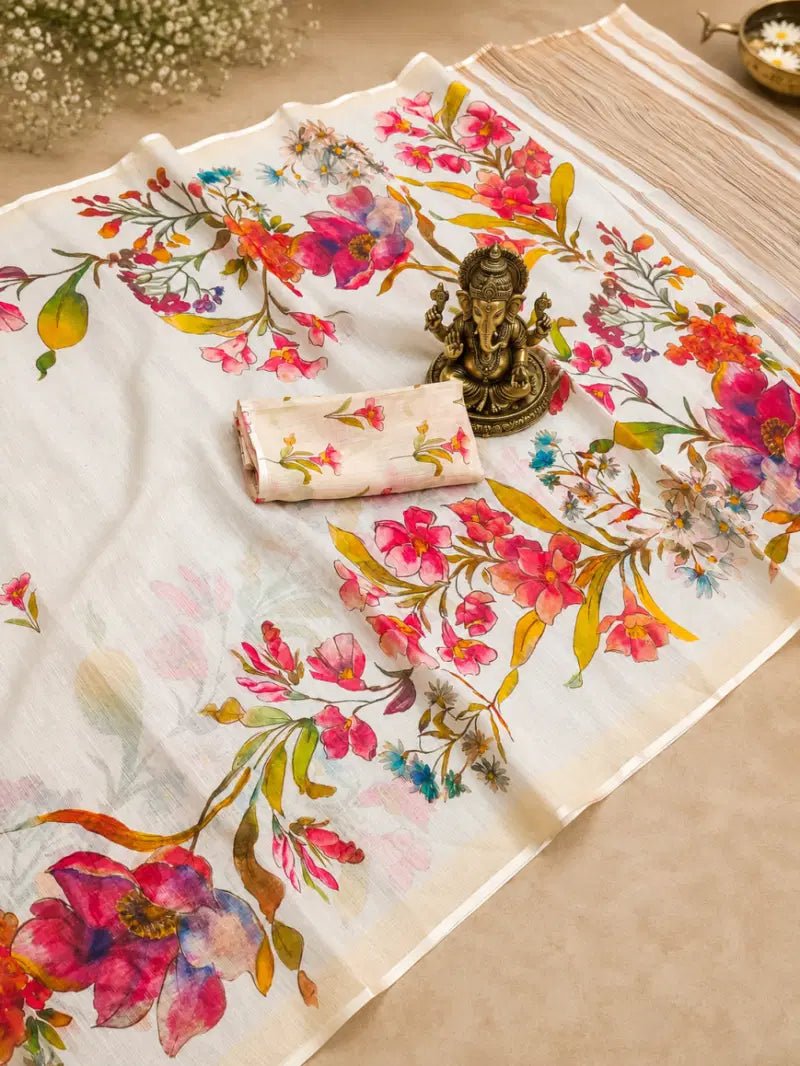 SCMG Flora H Soft Linen Floral Printed Saree Collection - Amrah Wholesale