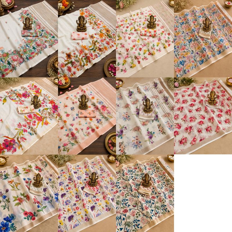 SCMG Flora H Soft Linen Floral Printed Saree Collection - Amrah Wholesale