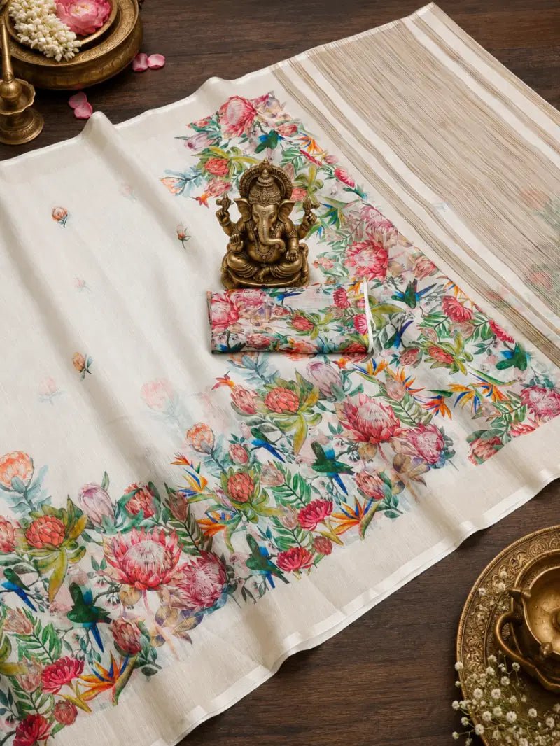 SCMG Flora H Soft Linen Floral Printed Saree Collection - Amrah Wholesale