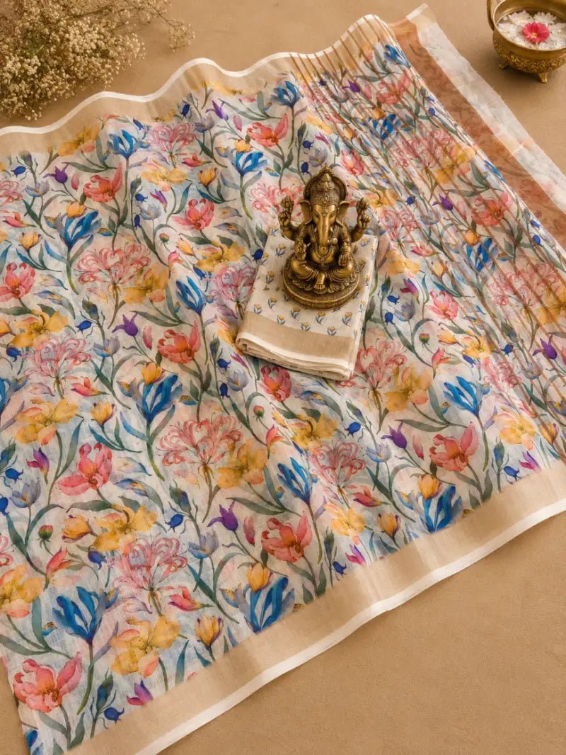 SCMG Flora H Soft Linen Floral Printed Saree Collection - Amrah Wholesale