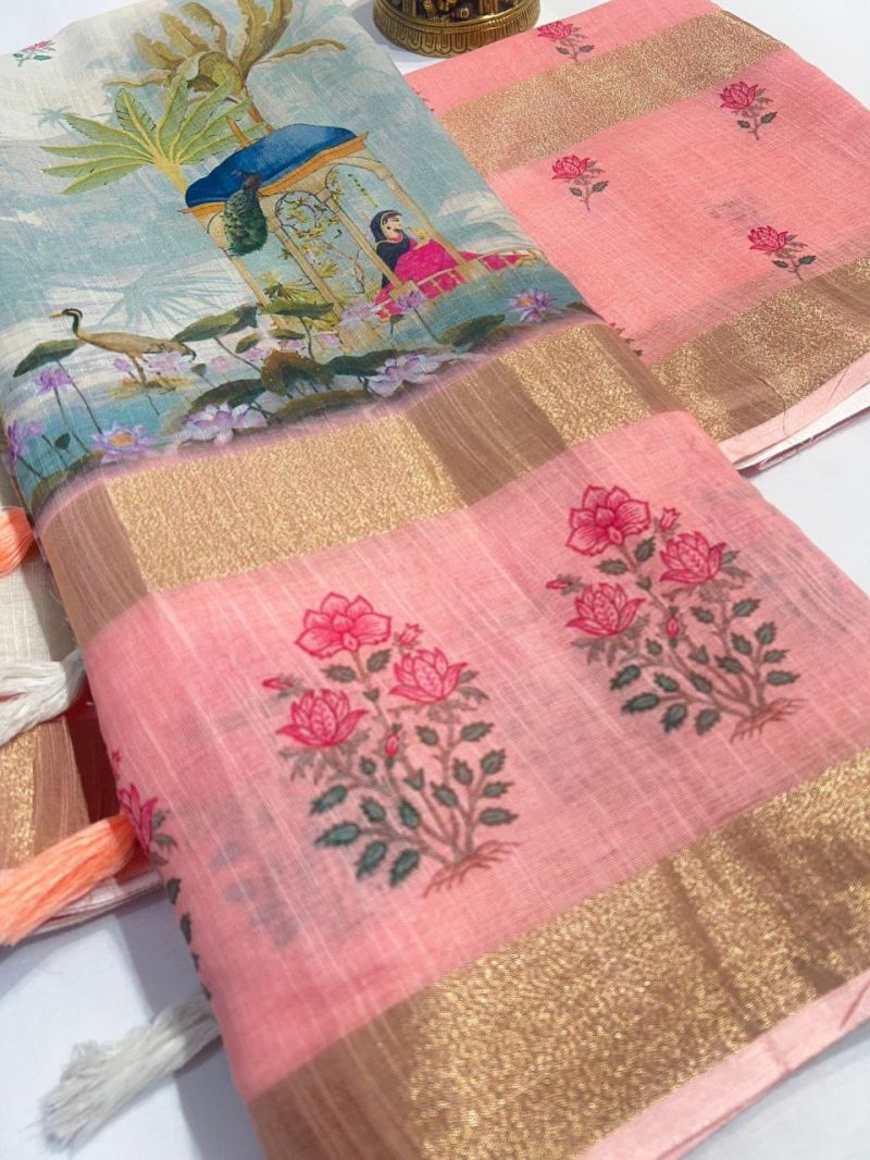 Scmg Pichwai C Linen Printed Fancy Saree - Amrah Wholesale