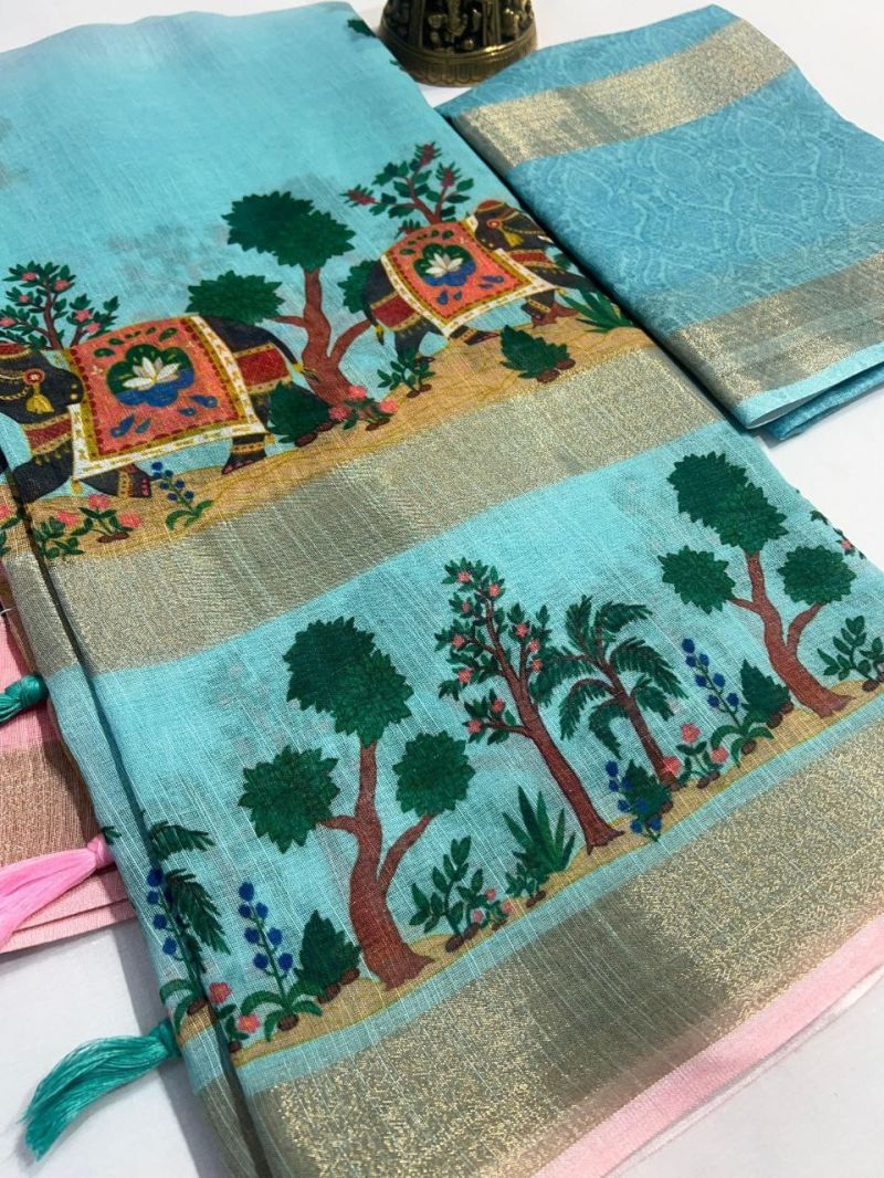 Scmg Pichwai C Linen Printed Fancy Saree - Amrah Wholesale