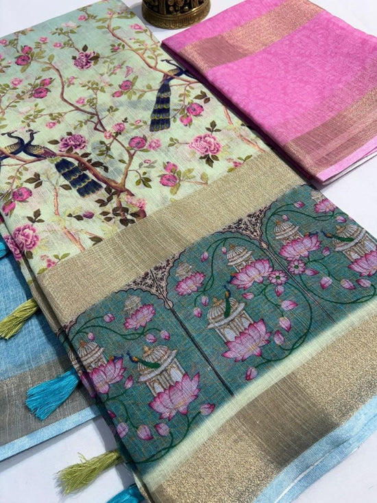Scmg Pichwai C Linen Printed Fancy Saree - Amrah Wholesale