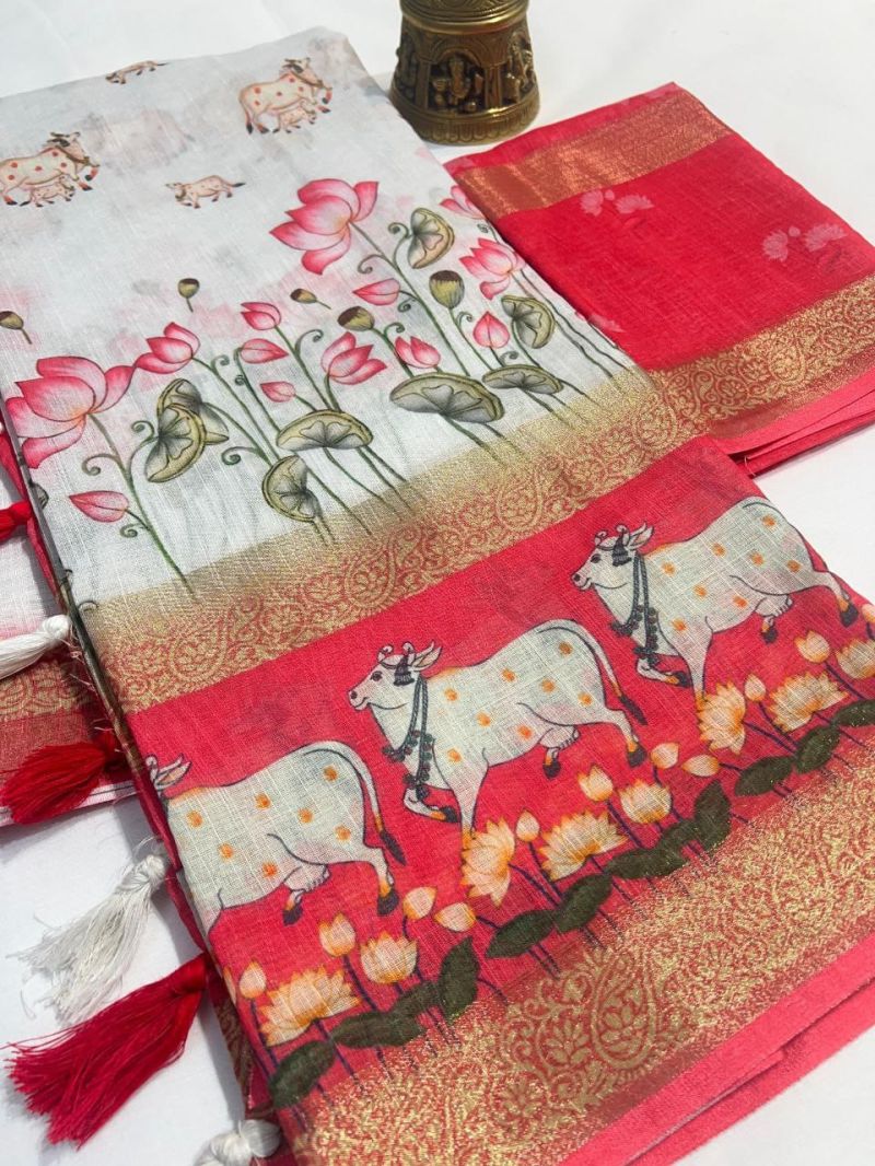 Scmg Pichwai C Linen Printed Fancy Saree - Amrah Wholesale