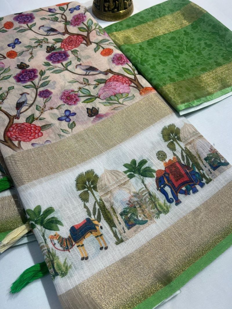 Scmg Pichwai C Linen Printed Fancy Saree - Amrah Wholesale