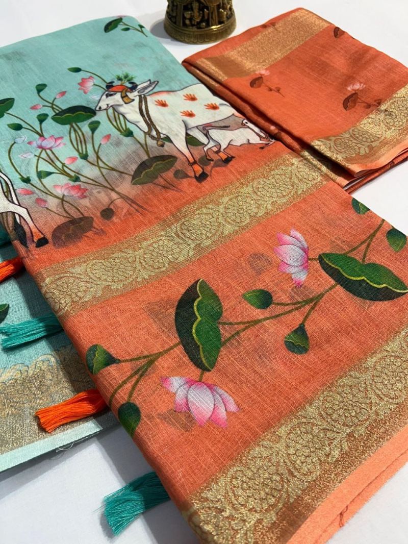 Scmg Pichwai C Linen Printed Fancy Saree - Amrah Wholesale