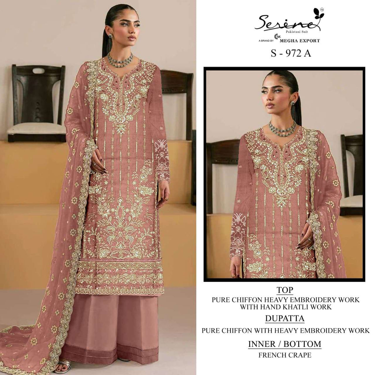 SERINE S-972 Chiffon Khatli Work Embroidered Pakistani Suit