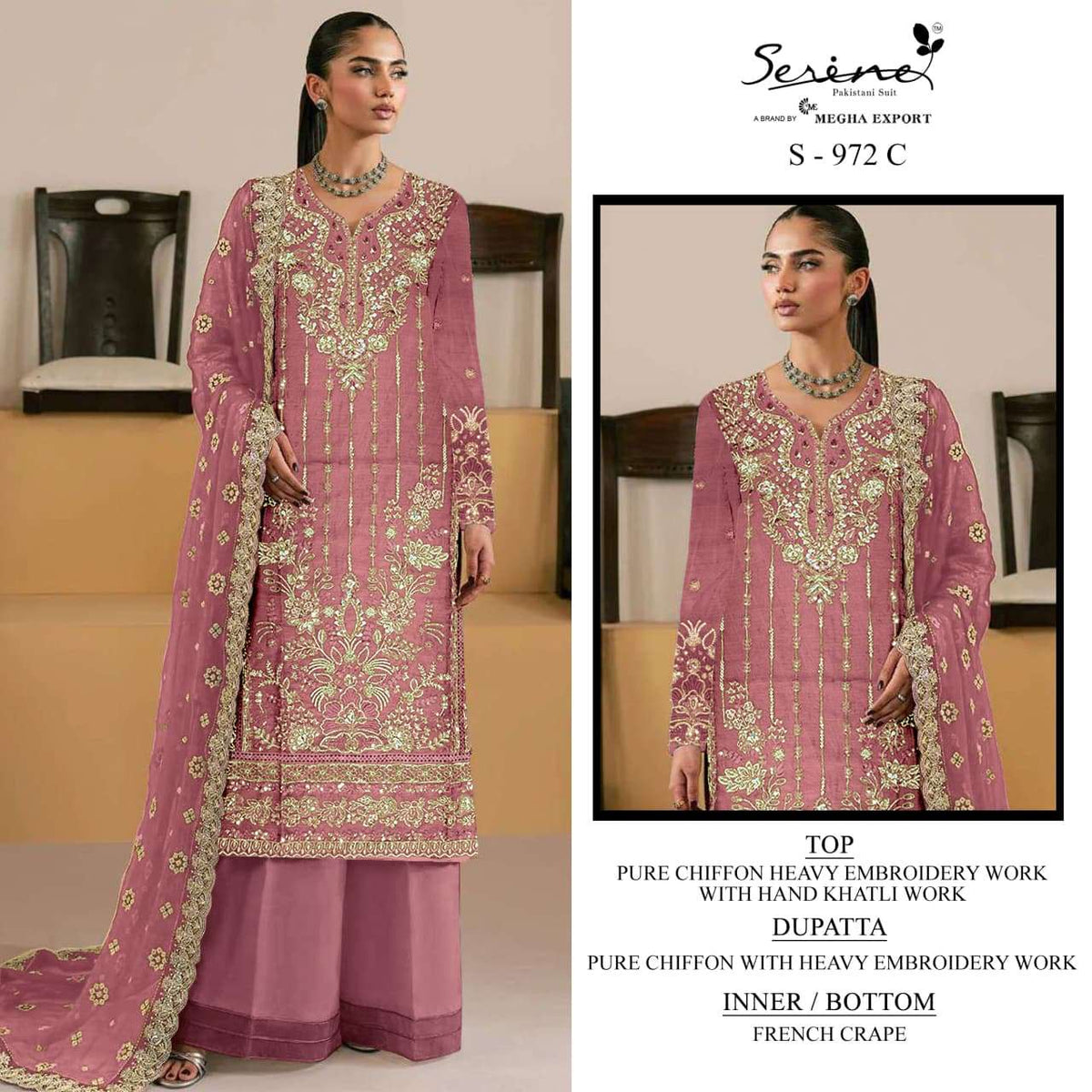 SERINE S-972 Chiffon Khatli Work Embroidered Pakistani Suit