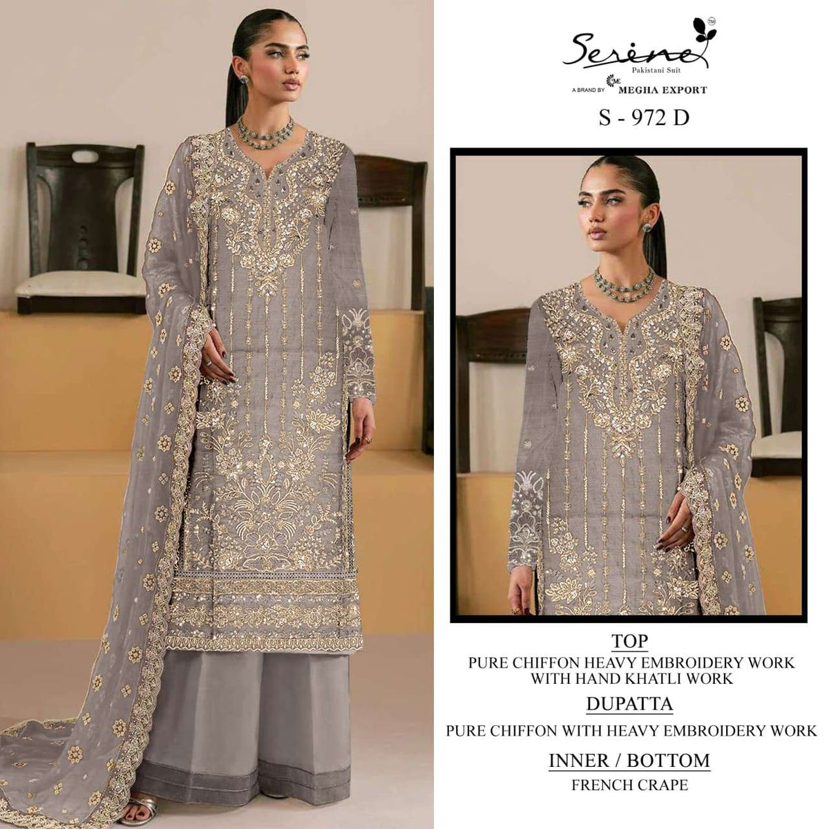 SERINE S-972 Chiffon Khatli Work Embroidered Pakistani Suit