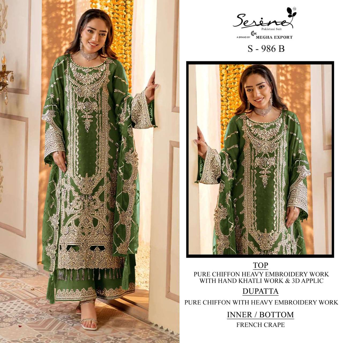 Serine S-986 Chiffon Embroidered Pakistani Party Wear Suit Set