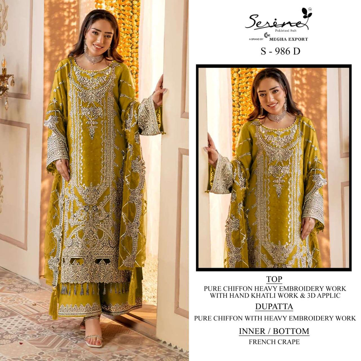 Serine S-986 Chiffon Embroidered Pakistani Party Wear Suit Set