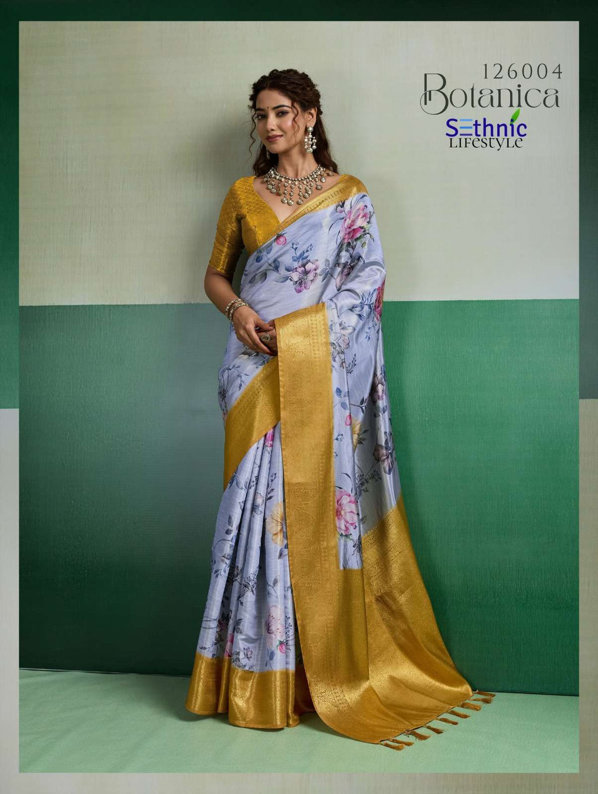 SETHNIC LIFESTYLE BOTANICA Kanjivaram Silk Printed Saree - Amrah Wholesale