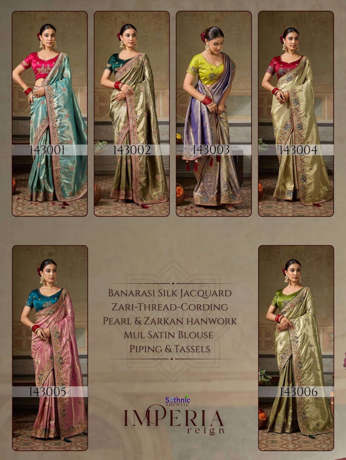 Sethnic Lifestyle Imperia 143001 To 143006 Series Banarasi Silk Embroidery Premium Saree