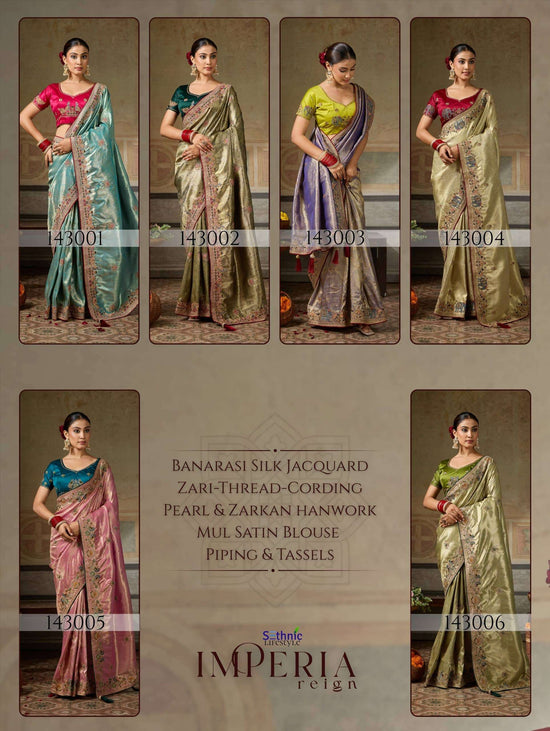 Sethnic Lifestyle Imperia 143001 To 143006 Series Banarasi Silk Embroidery Premium Saree