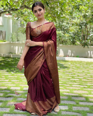 SH JCQ 123 Maroon Soft Lichi Silk Zari Woven Saree