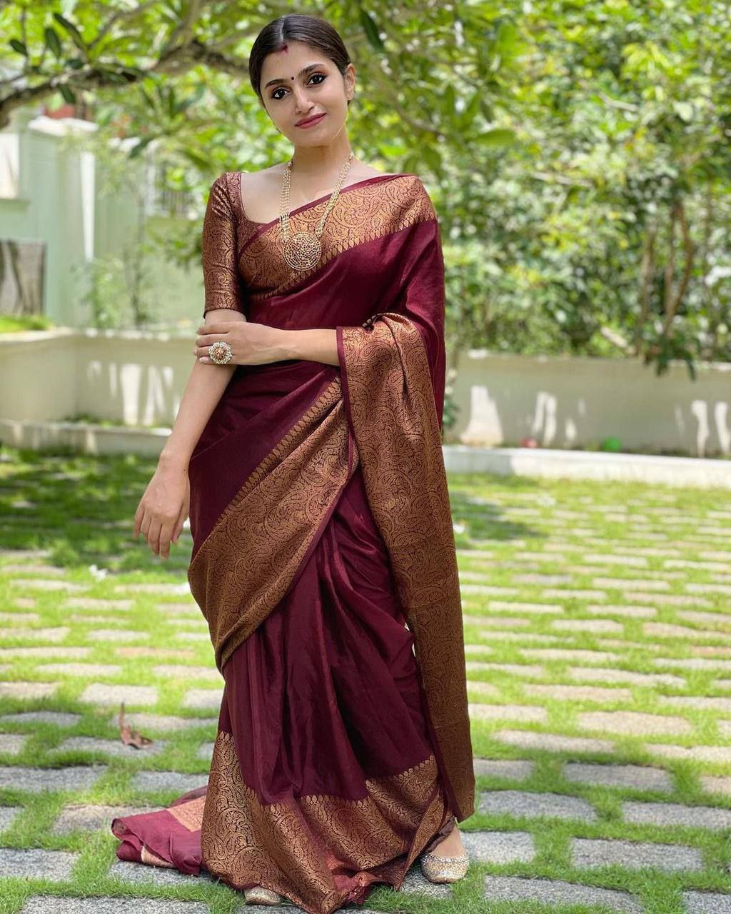 SH JCQ 123 Maroon Soft Lichi Silk Zari Woven Saree