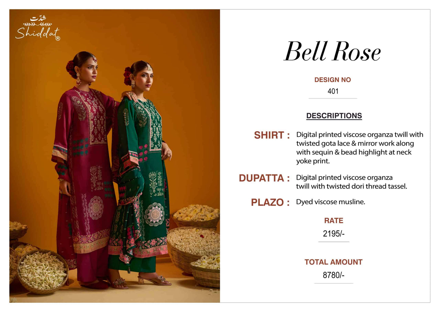 Shiddat Bell Rose 401 Viscose Organza Twill Dress Material