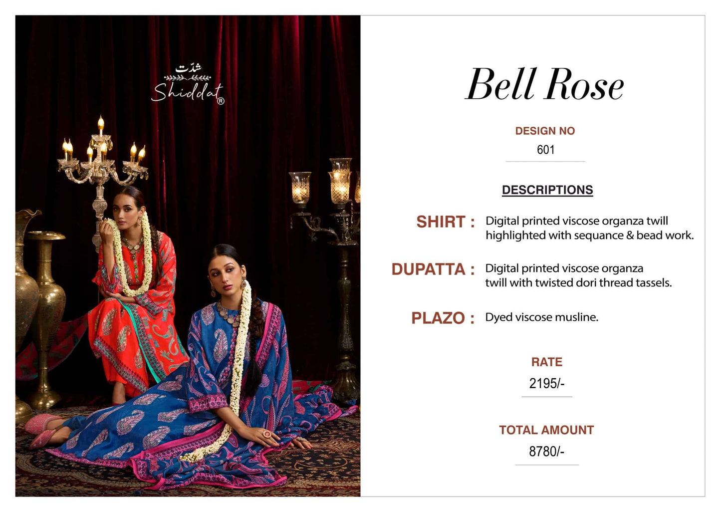 Shiddat Bell Rose 601 Viscose Organza Dress Material
