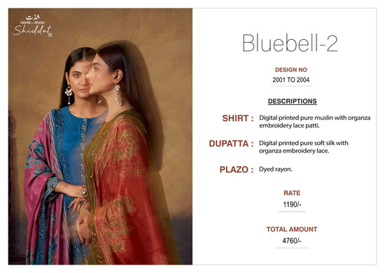 Shiddat Bluebell Vol 2 2001 Pure Muslin Dress Material - Amrah Wholesale