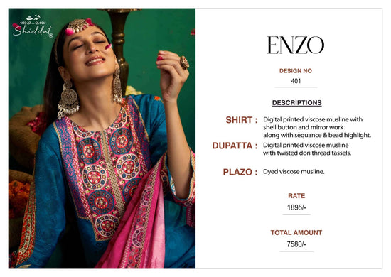 Shiddat Enzo 401 Viscose Muslin Dress Material - Amrah Wholesale