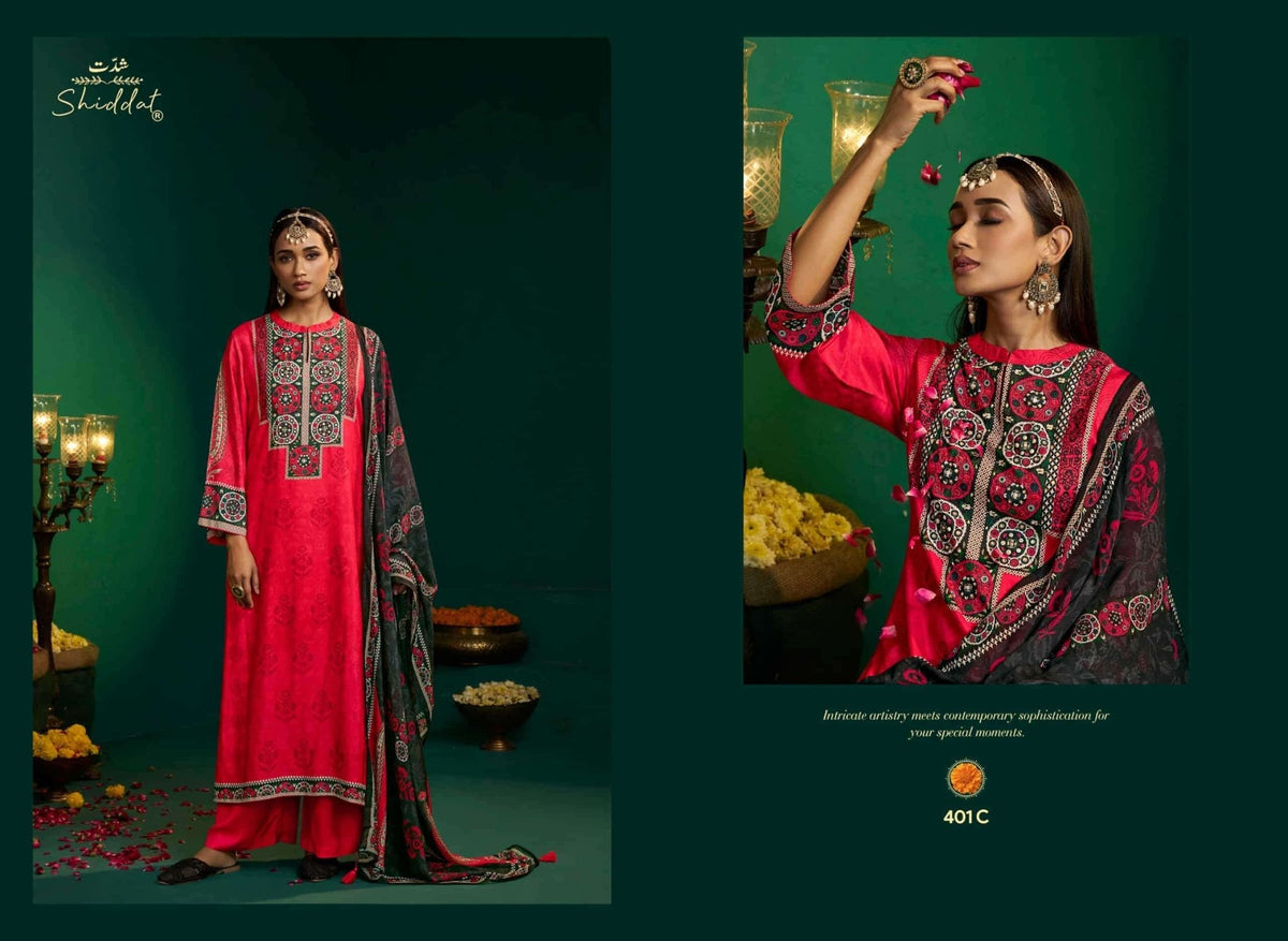 Shiddat Enzo 401 Viscose Muslin Dress Material - Amrah Wholesale