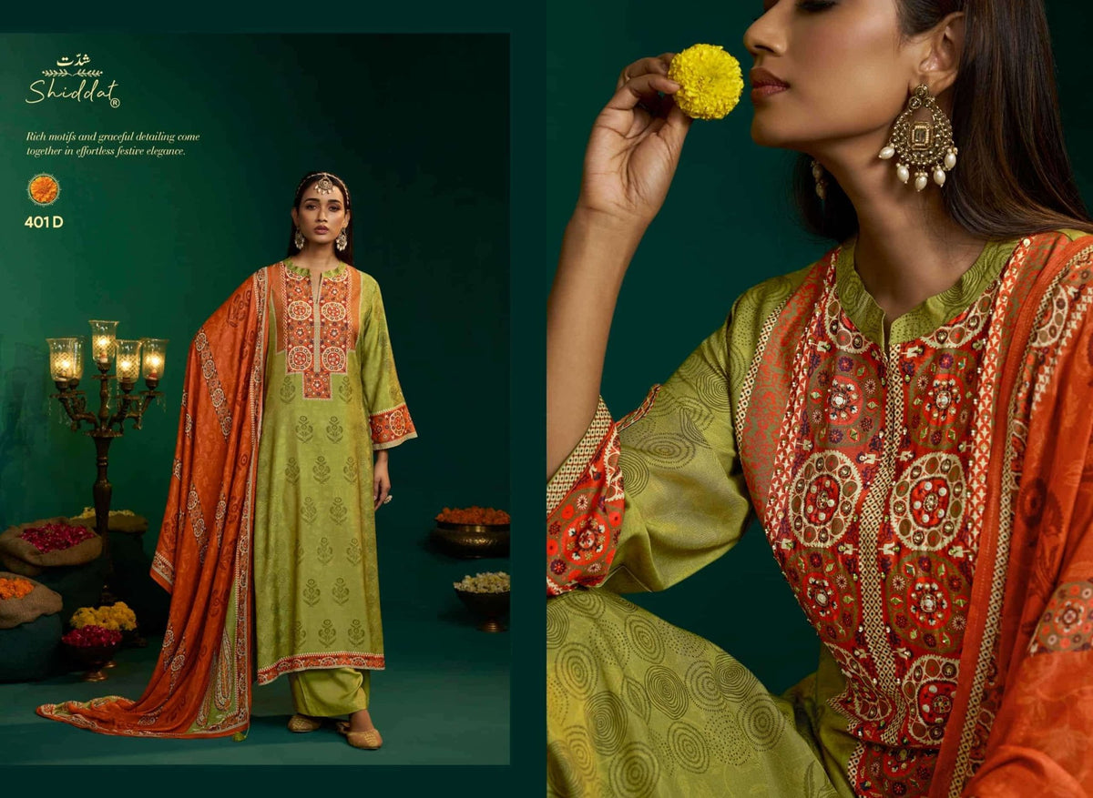 Shiddat Enzo 401 Viscose Muslin Dress Material - Amrah Wholesale