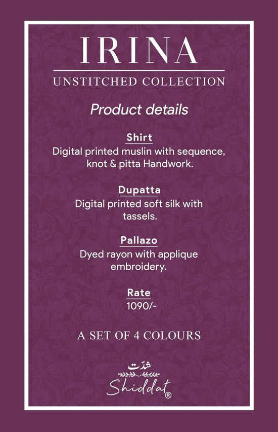 Shiddat Irina 1005 Muslin Dress Material - Amrah Wholesale