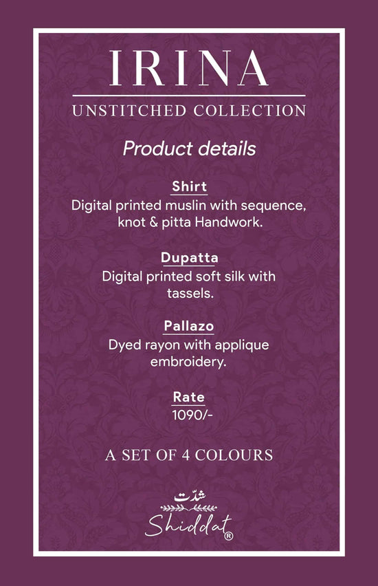 Shiddat Irina 1005 Muslin Dress Material