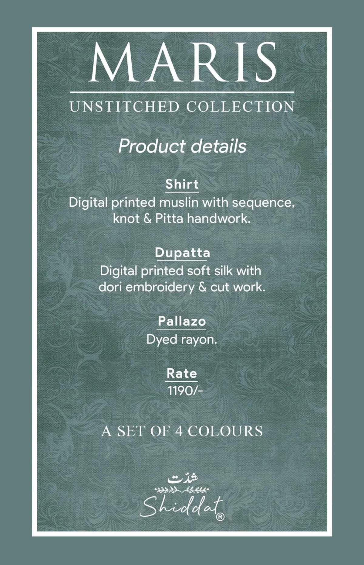 Shiddat Maris 1010 Digital Printed Muslin Dress Material - Amrah Wholesale