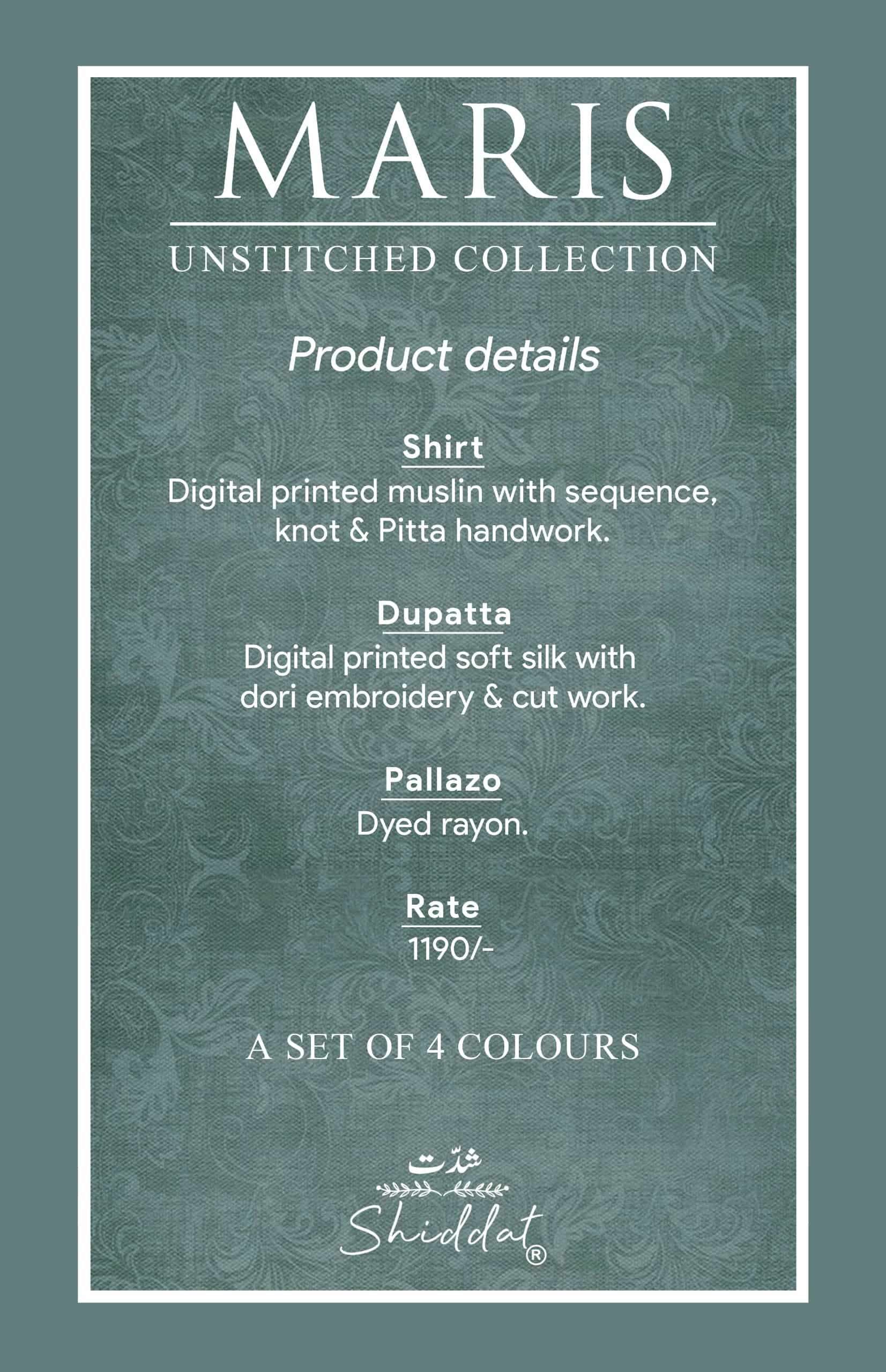 Shiddat Maris 1010 Digital Printed Muslin Dress Material